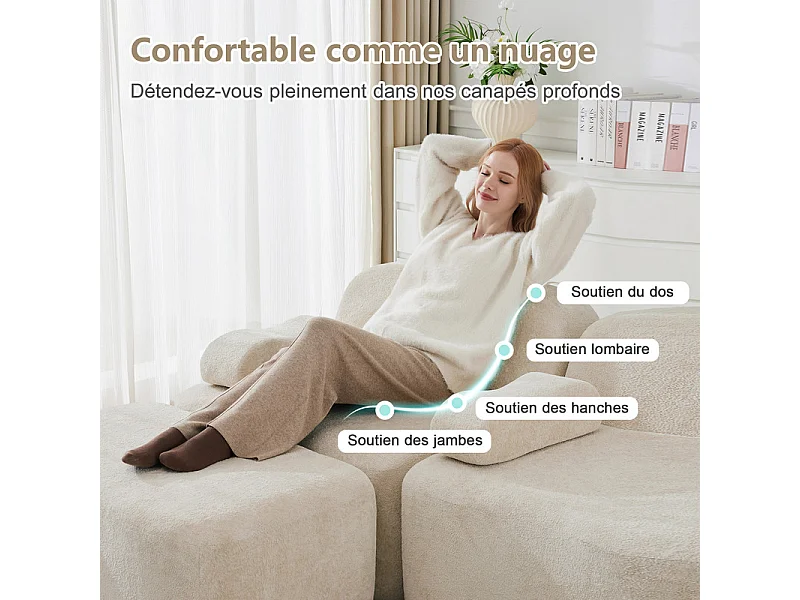 Canapé 3 places modulable forme vague en velours, avec coussin d'accoudoir, 288x98x70cm, Beige
