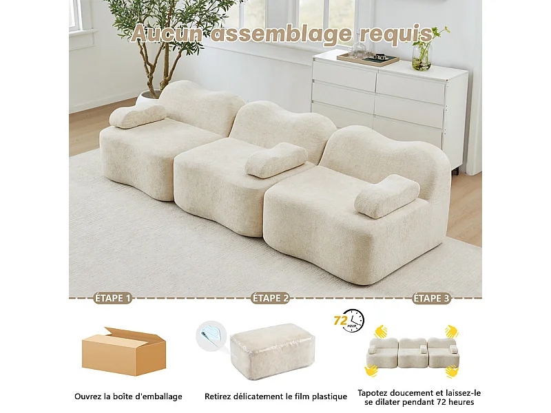 Canapé 3 places modulable forme vague en velours, avec coussin d'accoudoir, 288x98x70cm, Beige