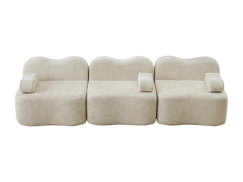 Canapé 3 places modulable forme vague en velours, avec coussin d'accoudoir, 288x98x70cm, Beige