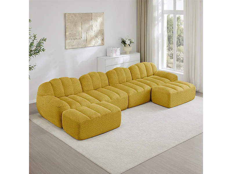 Canapé d'angle modulable en velours côtelé jaune, avec 2 pouf, ergonomique, 366x165x79cm