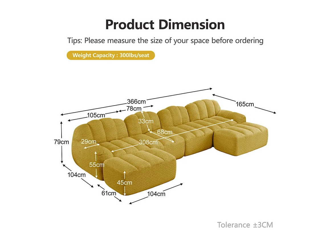 Canapé d'angle modulable en velours côtelé jaune, avec 2 pouf, ergonomique, 366x165x79cm