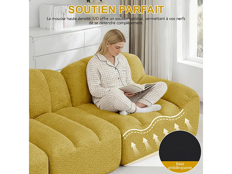 Canapé d'angle modulable en velours côtelé jaune, avec 2 pouf, ergonomique, 366x165x79cm
