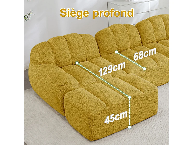 Canapé d'angle modulable en velours côtelé jaune, avec 2 pouf, ergonomique, 366x165x79cm