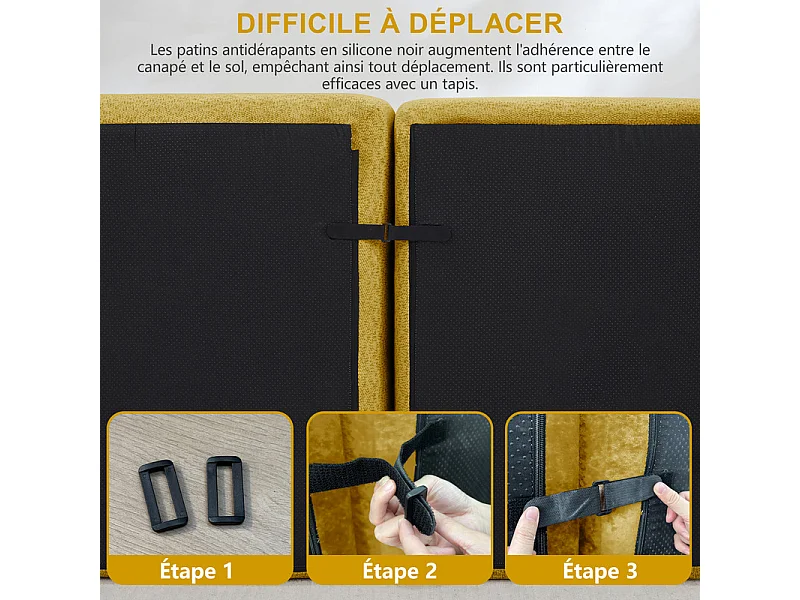 Canapé d'angle modulable en velours côtelé jaune, avec 2 pouf, ergonomique, 366x165x79cm