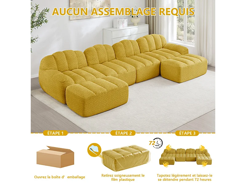 Canapé d'angle modulable en velours côtelé jaune, avec 2 pouf, ergonomique, 366x165x79cm