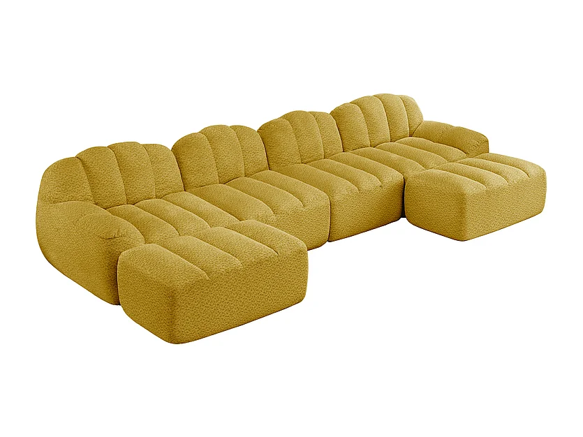 Canapé d'angle modulable en velours côtelé jaune, avec 2 pouf, ergonomique, 366x165x79cm