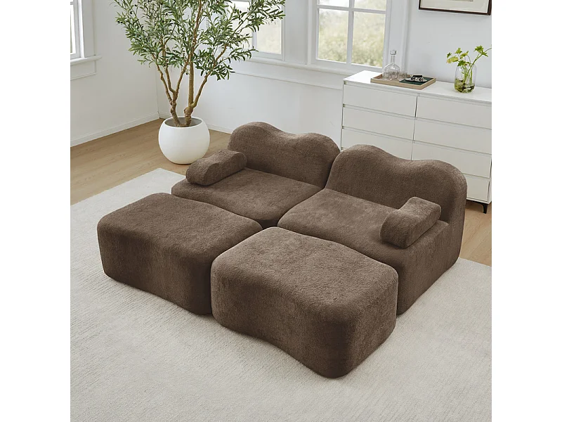 Canapé 2 places d'angle modulable en velours, avec 2 pouf, 192x167x70cm, Marron