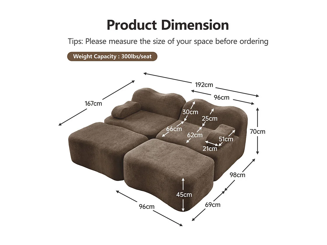 Canapé 2 places d'angle modulable en velours, avec 2 pouf, 192x167x70cm, Marron