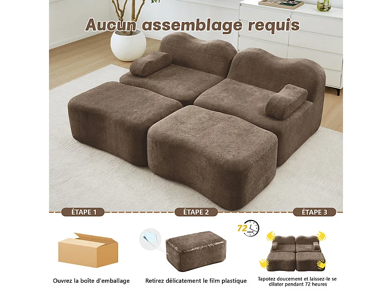 Canapé 2 places d'angle modulable en velours, avec 2 pouf, 192x167x70cm, Marron