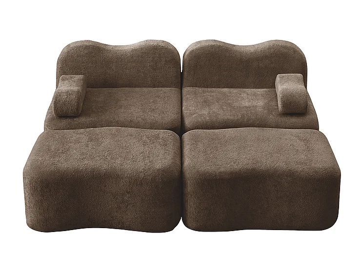 Canapé 2 places d'angle modulable en velours, avec 2 pouf, 192x167x70cm, Marron