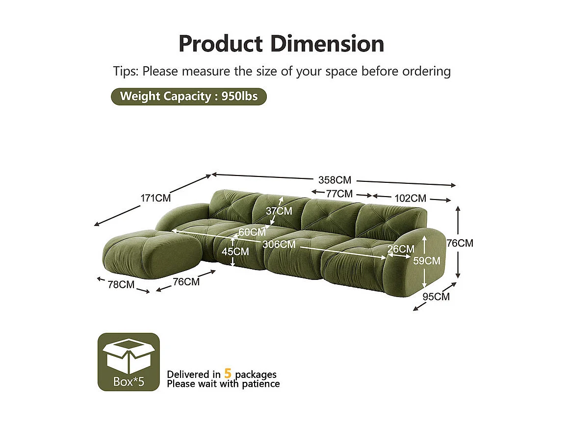 Canapé 4 places d'angle modulable en tissu chenille, avec pouf, 358x171x76cm, Vert