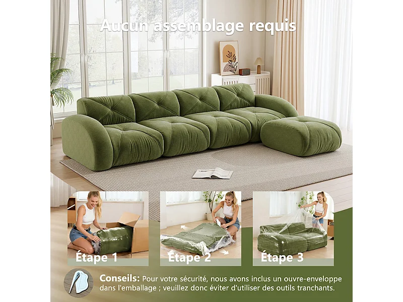 Canapé 4 places d'angle modulable en tissu chenille, avec pouf, 358x171x76cm, Vert