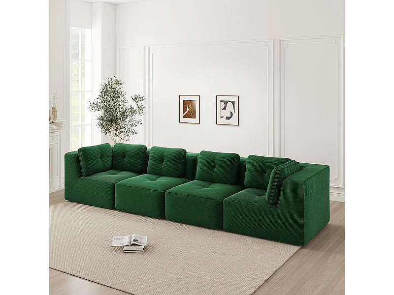 Divano 4 posti modulare, con 6 cuscini, in velluto a coste, 386x104x69cm, verde