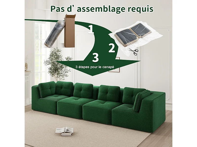 Divano 4 posti modulare, con 6 cuscini, in velluto a coste, 386x104x69cm, verde