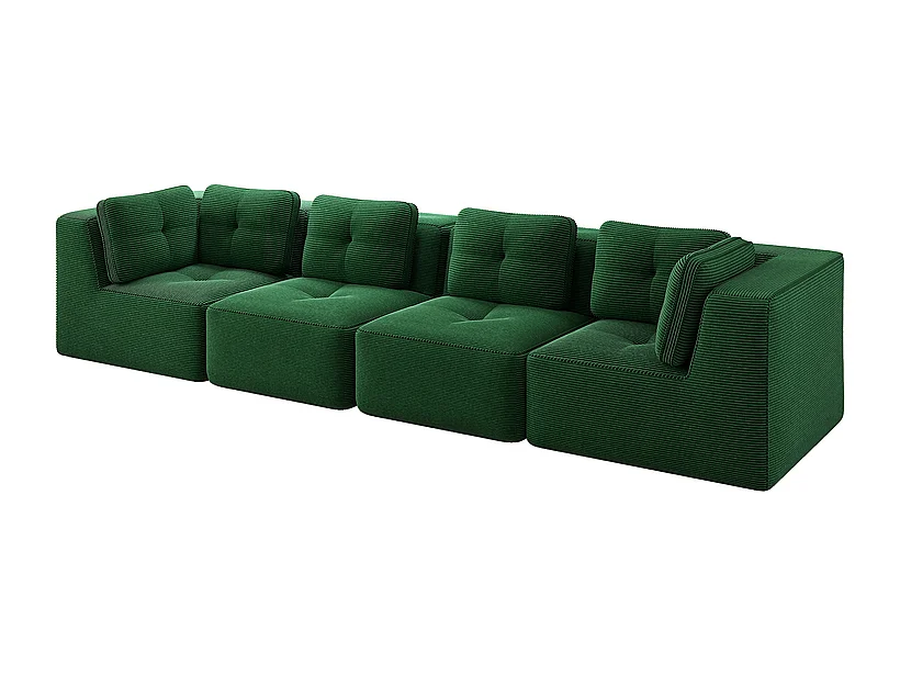 Divano 4 posti modulare, con 6 cuscini, in velluto a coste, 386x104x69cm, verde