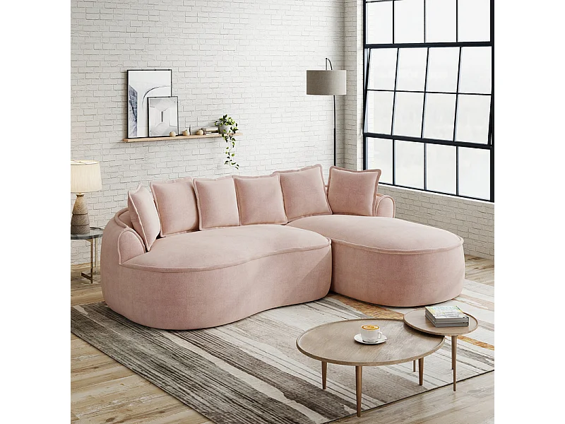 Canapé d'angle droit modulable en tissu chenille rose, 3 places, avec 112cm méridienne, 252x164x67cm