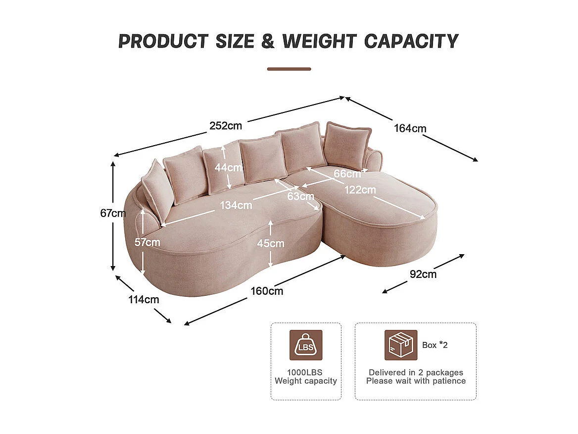 Canapé d'angle droit modulable en tissu chenille rose, 3 places, avec 112cm méridienne, 252x164x67cm