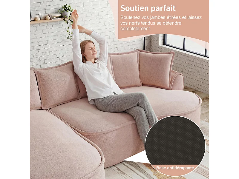 Canapé d'angle droit modulable en tissu chenille rose, 3 places, avec 112cm méridienne, 252x164x67cm