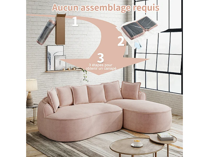 Canapé d'angle droit modulable en tissu chenille rose, 3 places, avec 112cm méridienne, 252x164x67cm