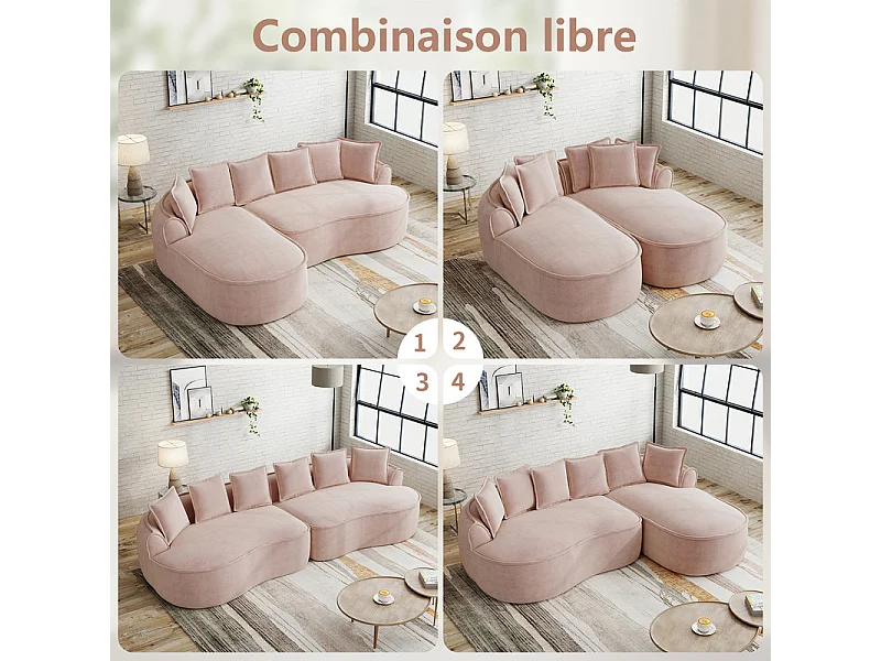 Canapé d'angle droit modulable en tissu chenille rose, 3 places, avec 112cm méridienne, 252x164x67cm