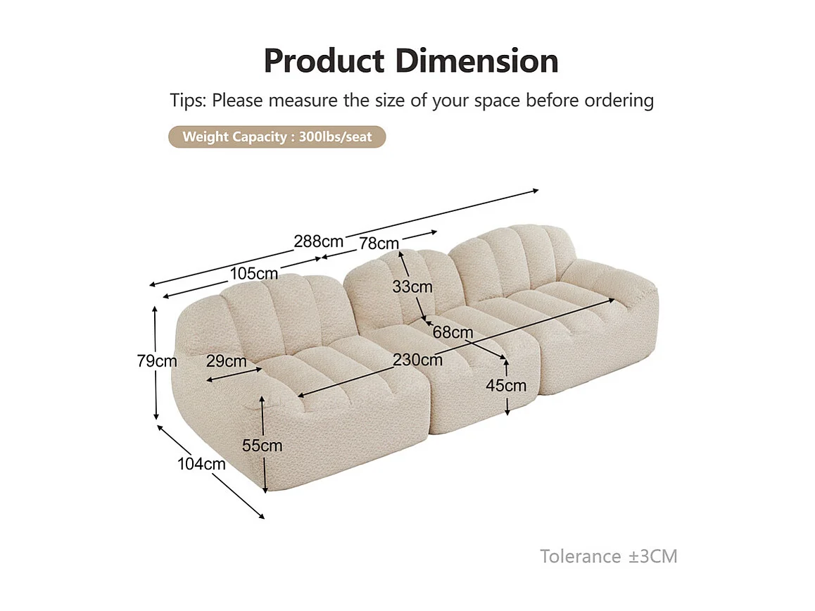 Canapé modulable en forme de coque - 3 places - velours côtelé - 288x104x79cm - Beige
