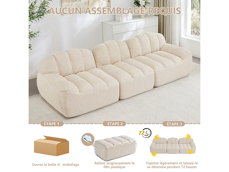 Canapé modulable en forme de coque - 3 places - velours côtelé - 288x104x79cm - Beige