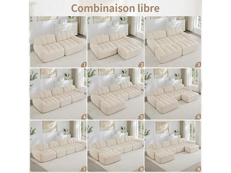 Canapé modulable en forme de coque - 3 places - velours côtelé - 288x104x79cm - Beige
