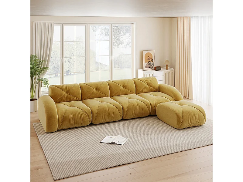 Canapé 4 places d'angle modulable en tissu chenille, avec pouf, 358x171x76cm, Jaune