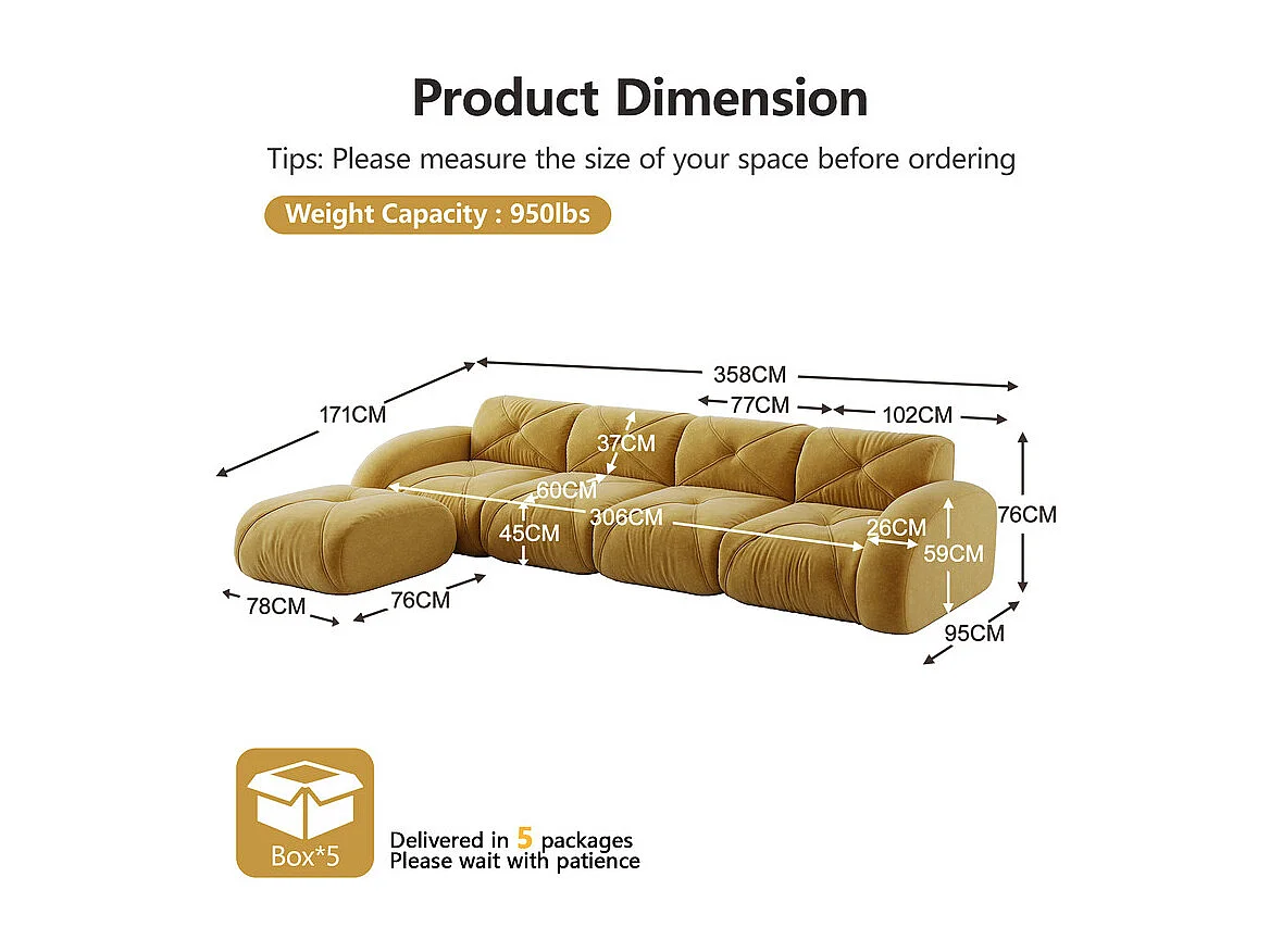 Canapé 4 places d'angle modulable en tissu chenille, avec pouf, 358x171x76cm, Jaune