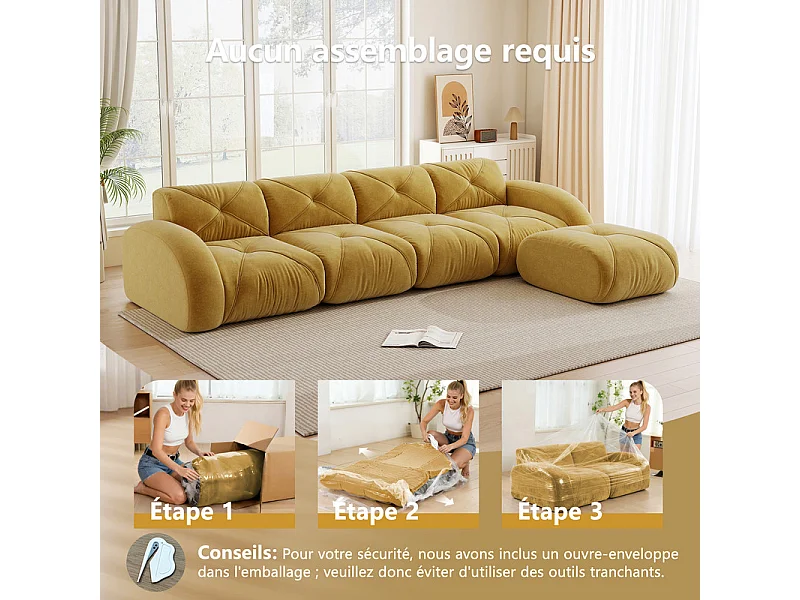 Canapé 4 places d'angle modulable en tissu chenille, avec pouf, 358x171x76cm, Jaune