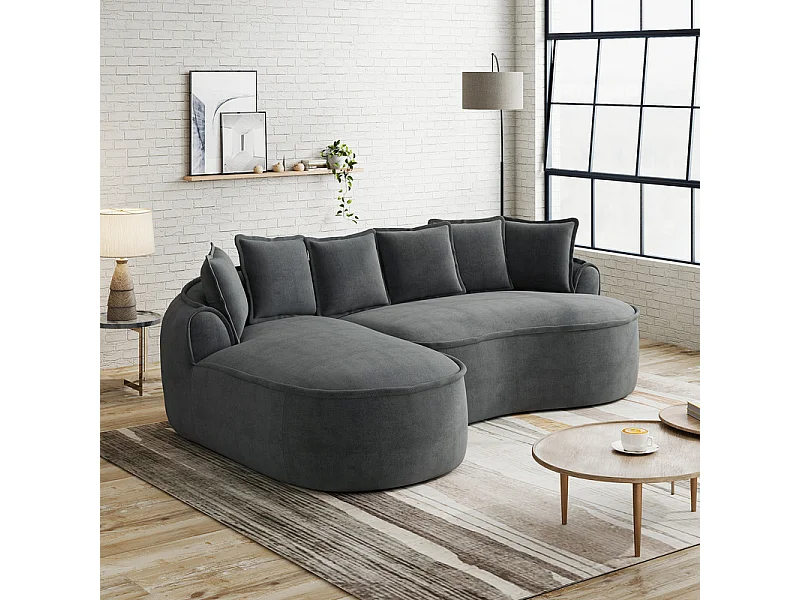 Canapé d'angle gauche modulable en tissu chenille, avec méridienne et coussins, 252x164x67cm, Gris