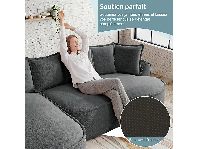Canapé d'angle gauche modulable en tissu chenille, avec méridienne et coussins, 252x164x67cm, Gris