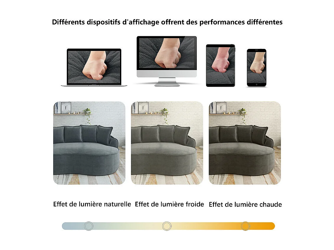 Canapé d'angle gauche modulable en tissu chenille, avec méridienne et coussins, 252x164x67cm, Gris