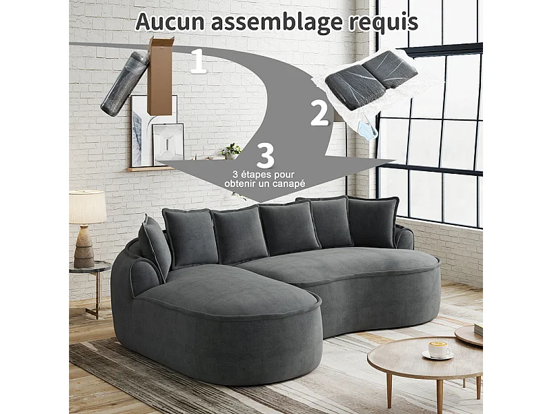 Canapé d'angle gauche modulable en tissu chenille, avec méridienne et coussins, 252x164x67cm, Gris