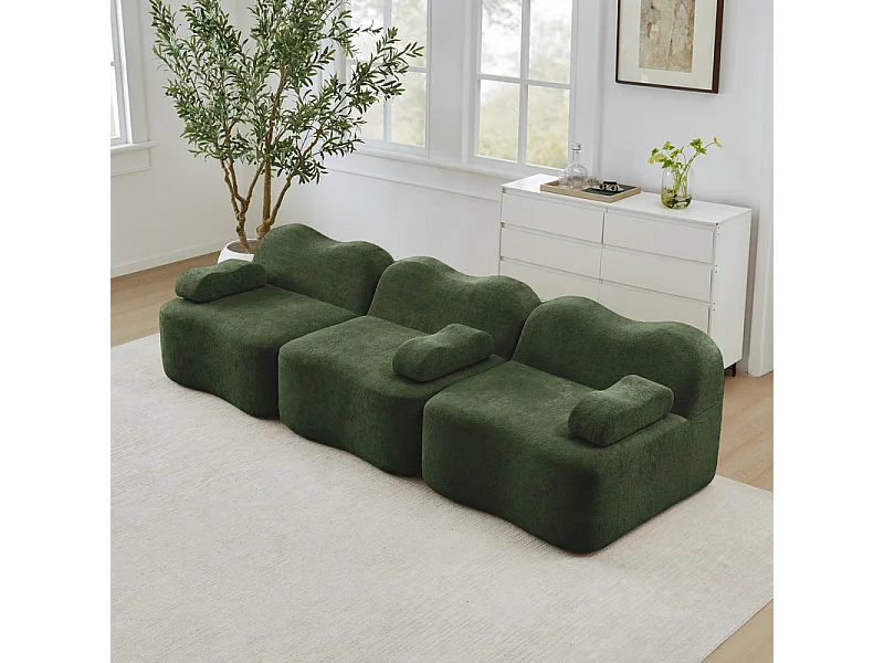 Canapé 3 places modulable forme vague en velours, avec coussin d'accoudoir, 288x98x70cm, Vert
