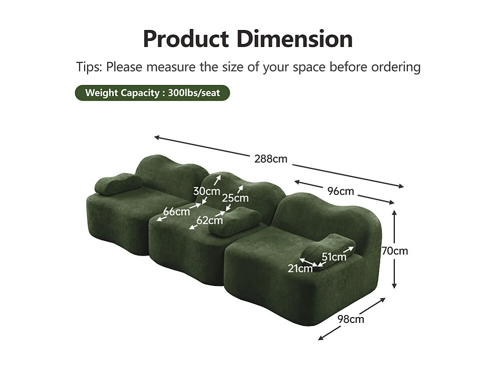 Canapé 3 places modulable forme vague en velours, avec coussin d'accoudoir, 288x98x70cm, Vert