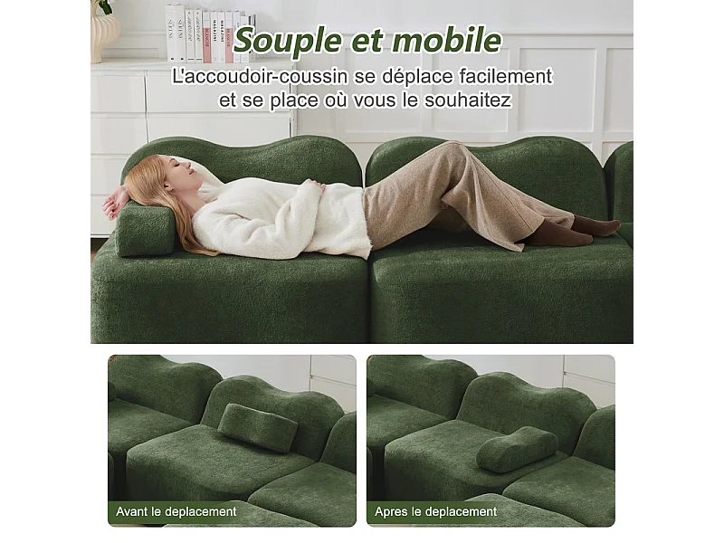 Canapé 3 places modulable forme vague en velours, avec coussin d'accoudoir, 288x98x70cm, Vert