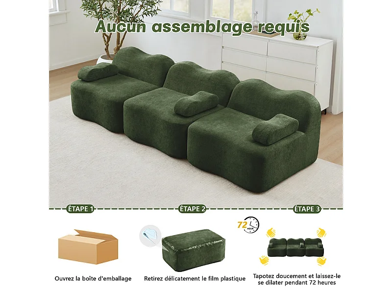 Canapé 3 places modulable forme vague en velours, avec coussin d'accoudoir, 288x98x70cm, Vert