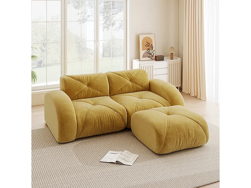 Canapé 2 places d'angle modulable en tissu chenille, avec pouf, 204x171x76cm, Jaune