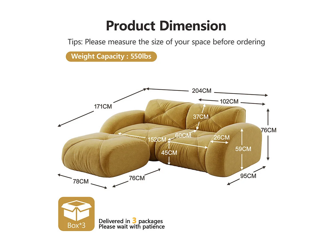 Canapé 2 places d'angle modulable en tissu chenille, avec pouf, 204x171x76cm, Jaune