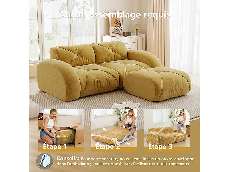 Canapé 2 places d'angle modulable en tissu chenille, avec pouf, 204x171x76cm, Jaune