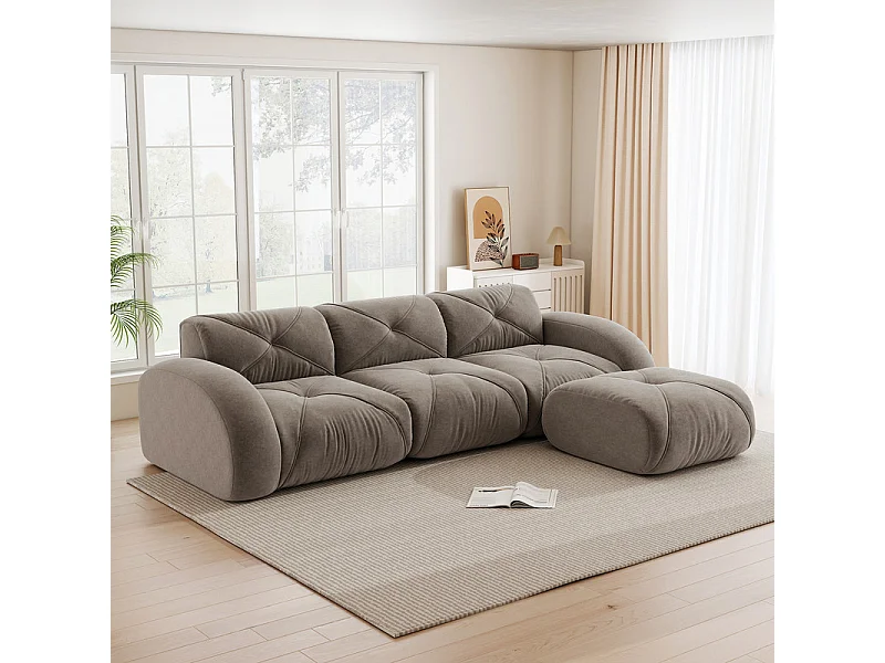 Canapé 3 places d'angle modulable en tissu chenille, avec pouf, 281x171x76cm, Marron