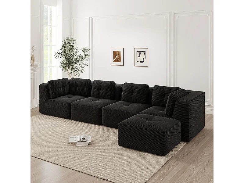 Canapé 4 places d'angle en velours côtelé, avec pouf et 6 coussins, 386x177x69cm, Noir