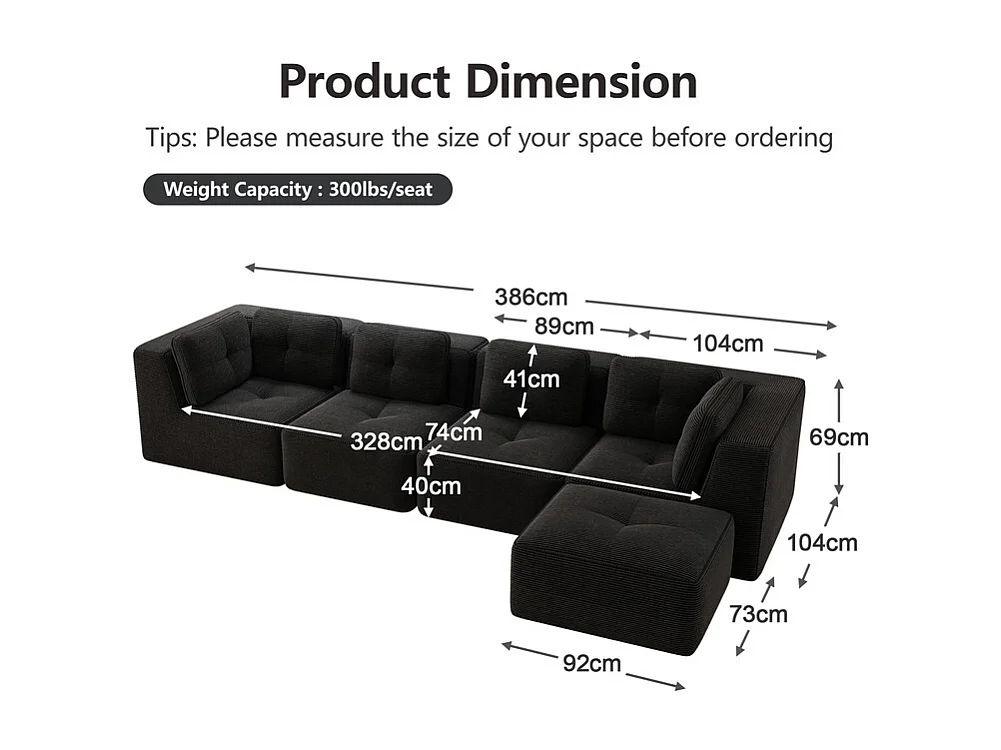 Canapé 4 places d'angle en velours côtelé, avec pouf et 6 coussins, 386x177x69cm, Noir