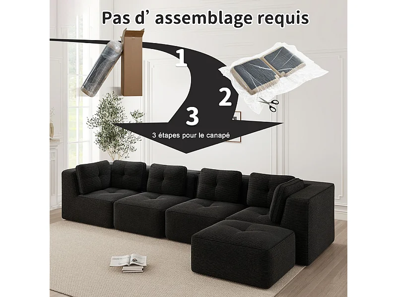 Canapé 4 places d'angle en velours côtelé, avec pouf et 6 coussins, 386x177x69cm, Noir