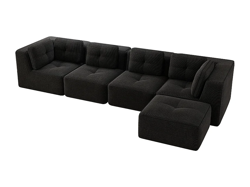 Canapé 4 places d'angle en velours côtelé, avec pouf et 6 coussins, 386x177x69cm, Noir