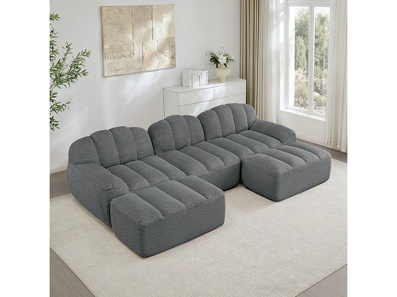 Canapé 3 places d'angle modulable, avec 2 pouf, en velours côtelé, 288x165x79cm, Gris