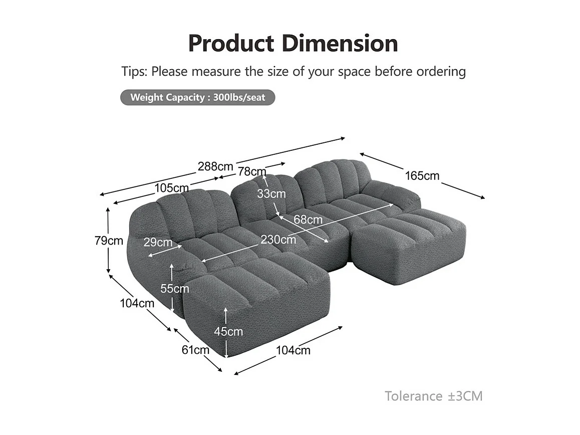 Canapé 3 places d'angle modulable, avec 2 pouf, en velours côtelé, 288x165x79cm, Gris