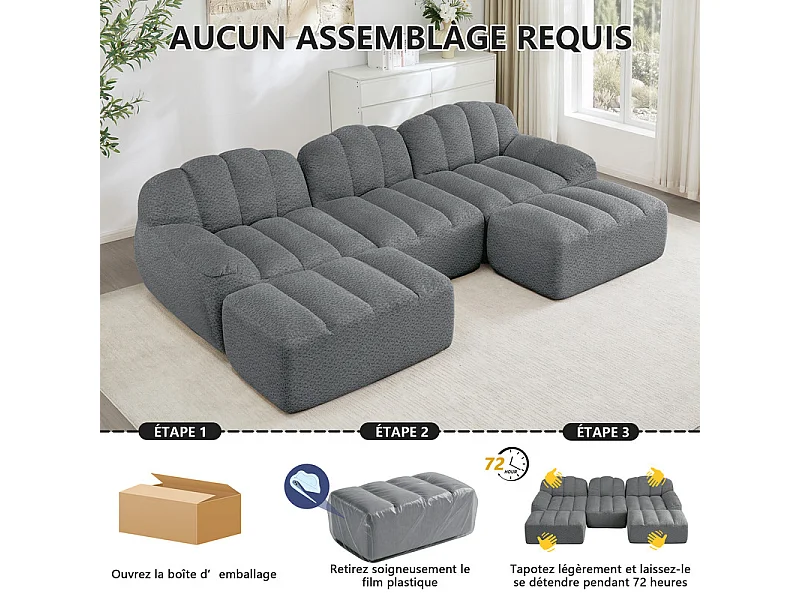 Canapé 3 places d'angle modulable, avec 2 pouf, en velours côtelé, 288x165x79cm, Gris