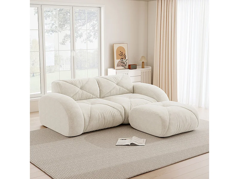 Canapé 2 places d'angle modulable en tissu chenille, avec pouf, 204x171x76cm, Blanc